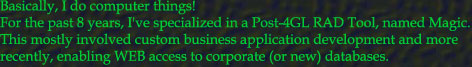Basically, I do computer things!

For the past 8 years, I've specialized in a Post-4GL RAD Tool, named Magic.

This mostly involved custom business application development and more

recently, enabling WEB access to corporate (or new) databases.